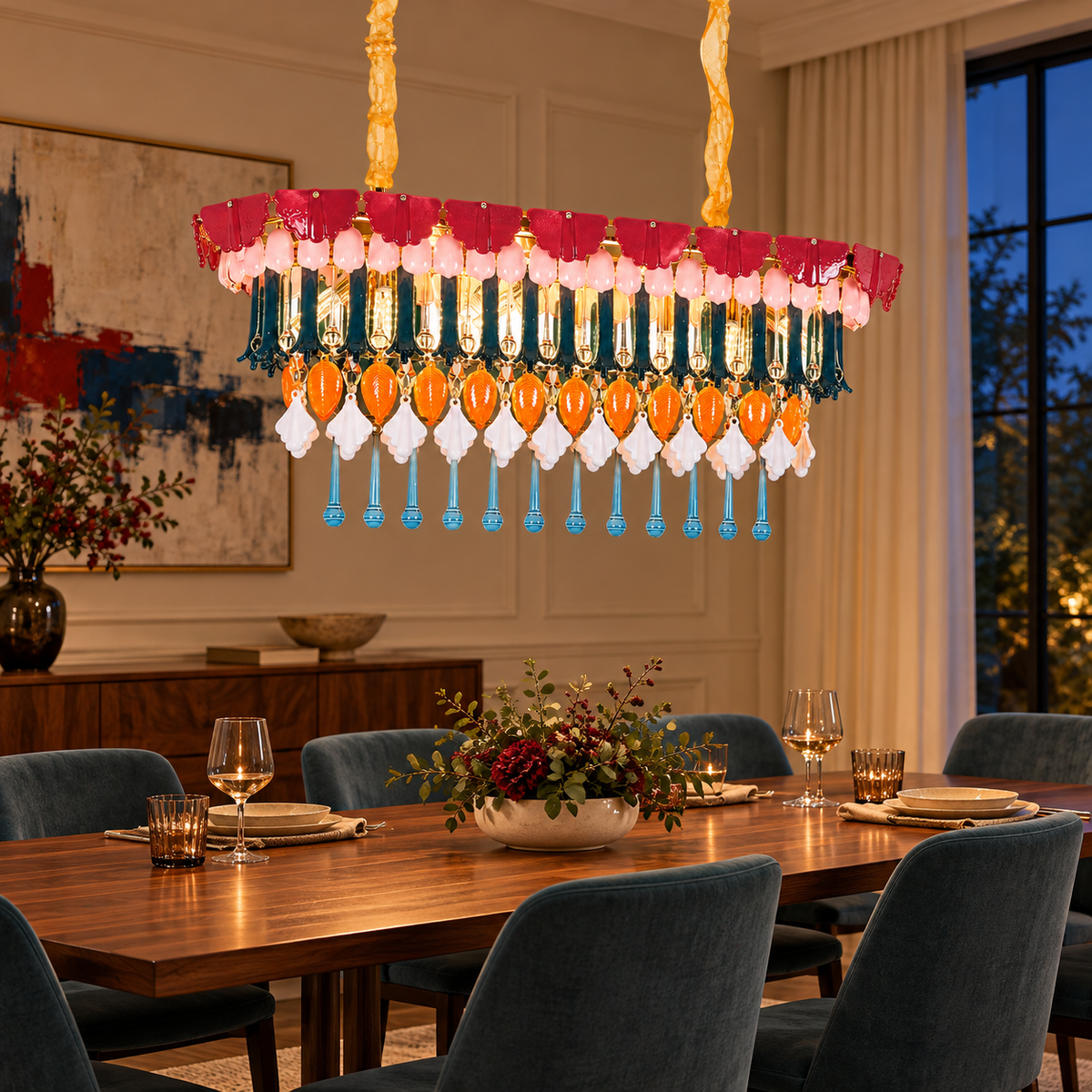Luxury French Gold Multicolor Crystal Linear Chandelier