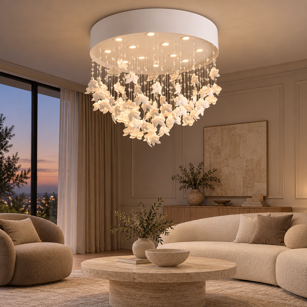 Modern White Ceramic Floral LED Ceiling Chandelier