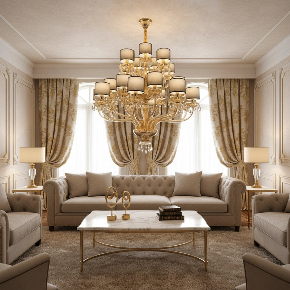 Amber Lampshade Crystal Cascade Chandelier