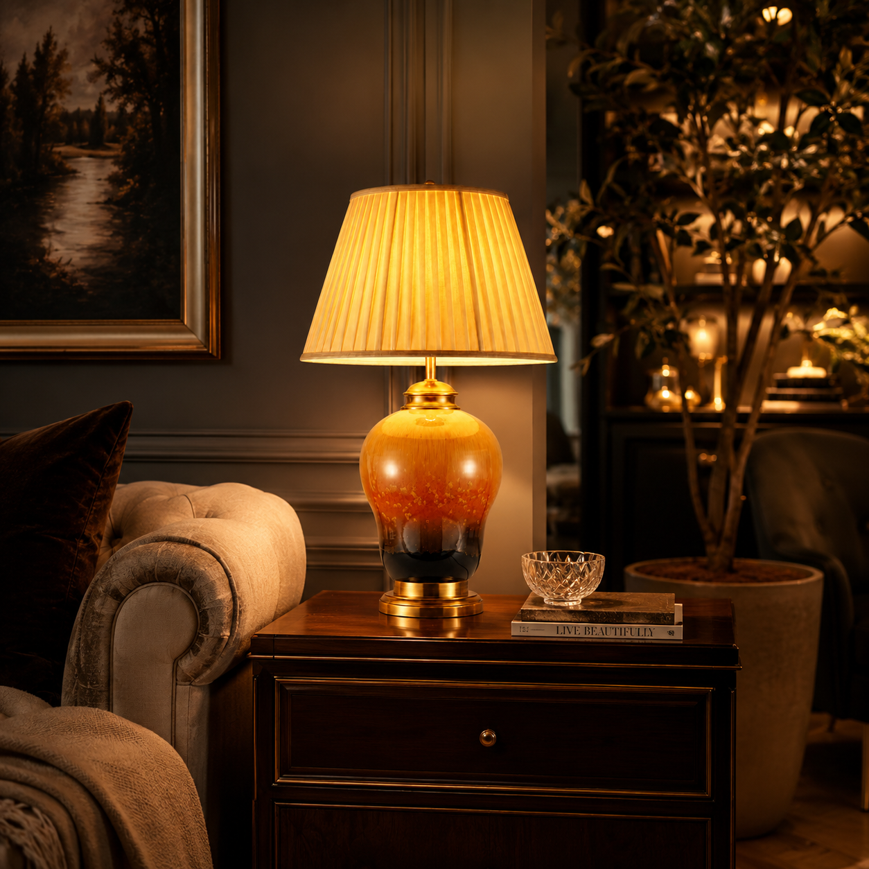 Modern Amber Ceramic Table Lamp with Pleated Fabric Shade