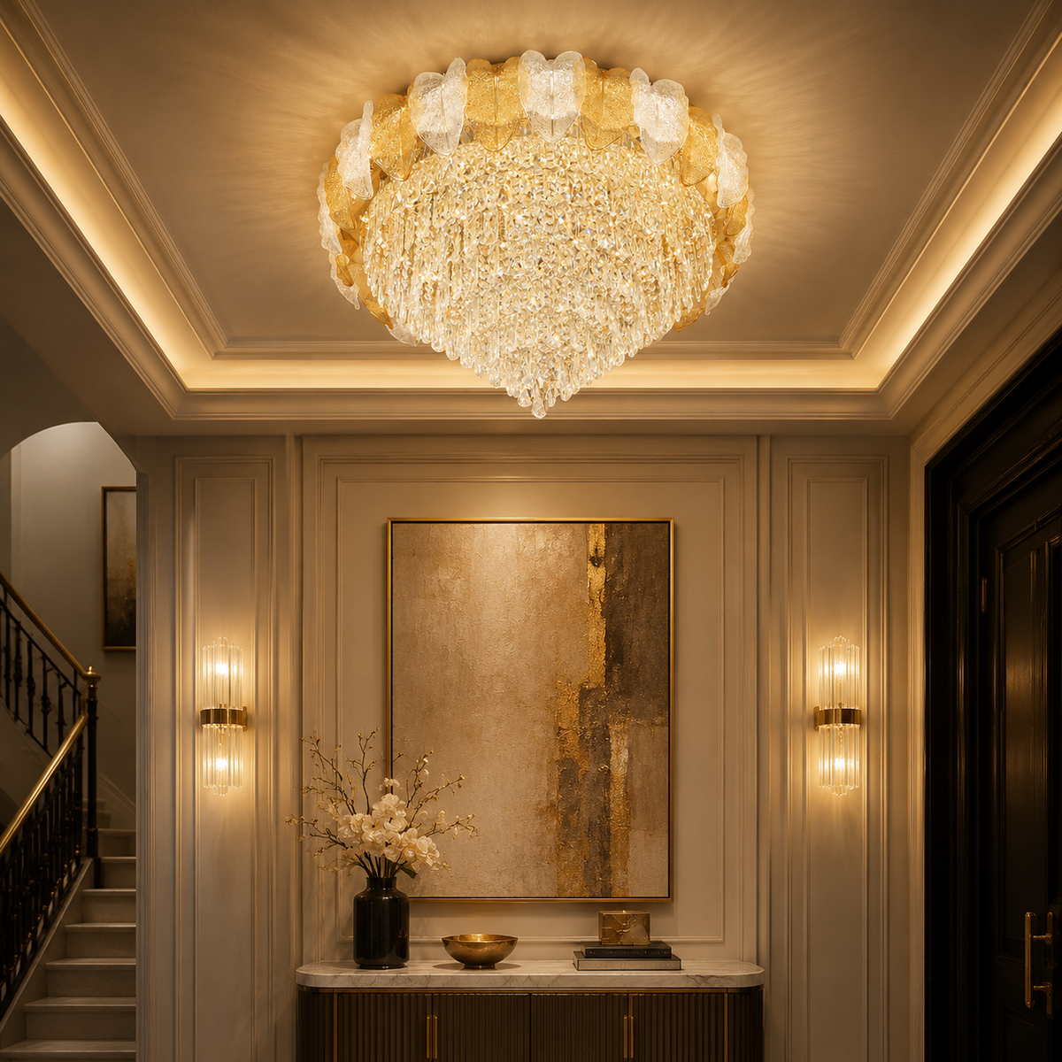 Opaline Cascade Crystal Flush Mount Chandelier
