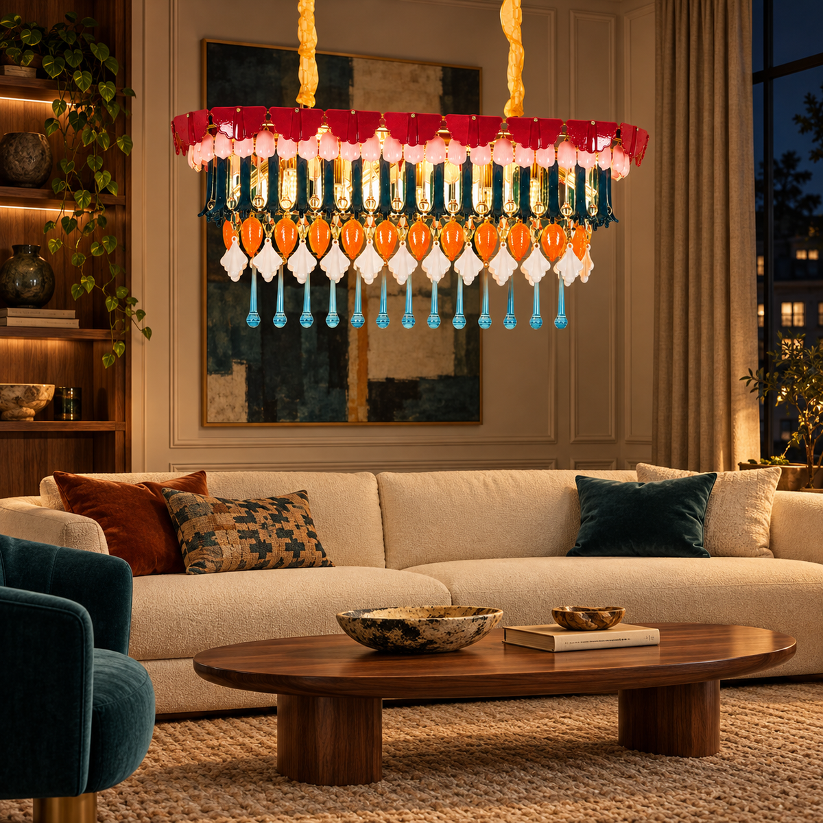 Luxury French Gold Multicolor Crystal Linear Chandelier