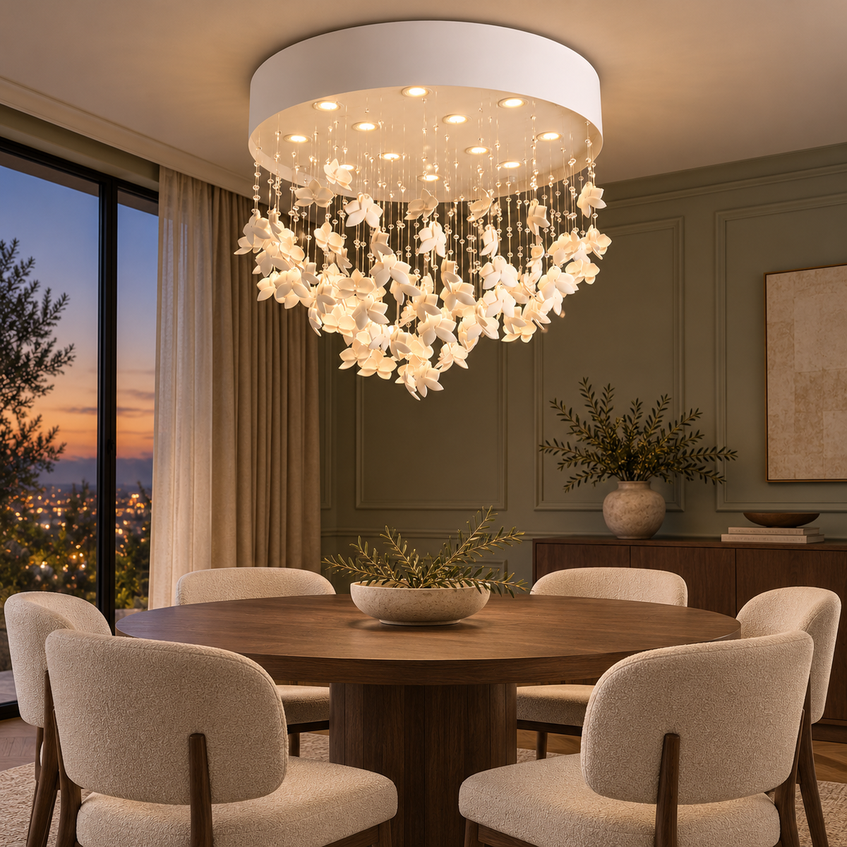 Modern White Ceramic Floral LED Ceiling Chandelier