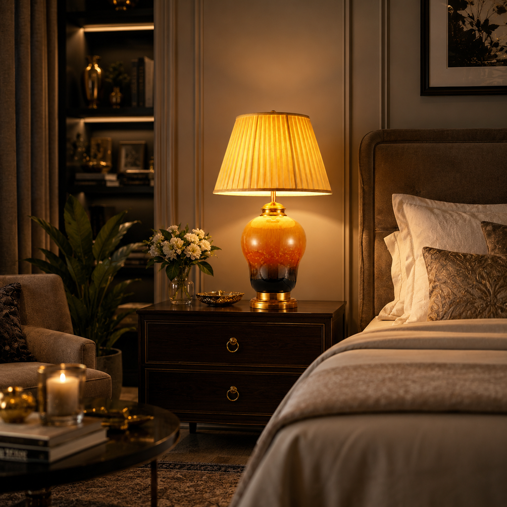 Modern Amber Ceramic Table Lamp with Pleated Fabric Shade