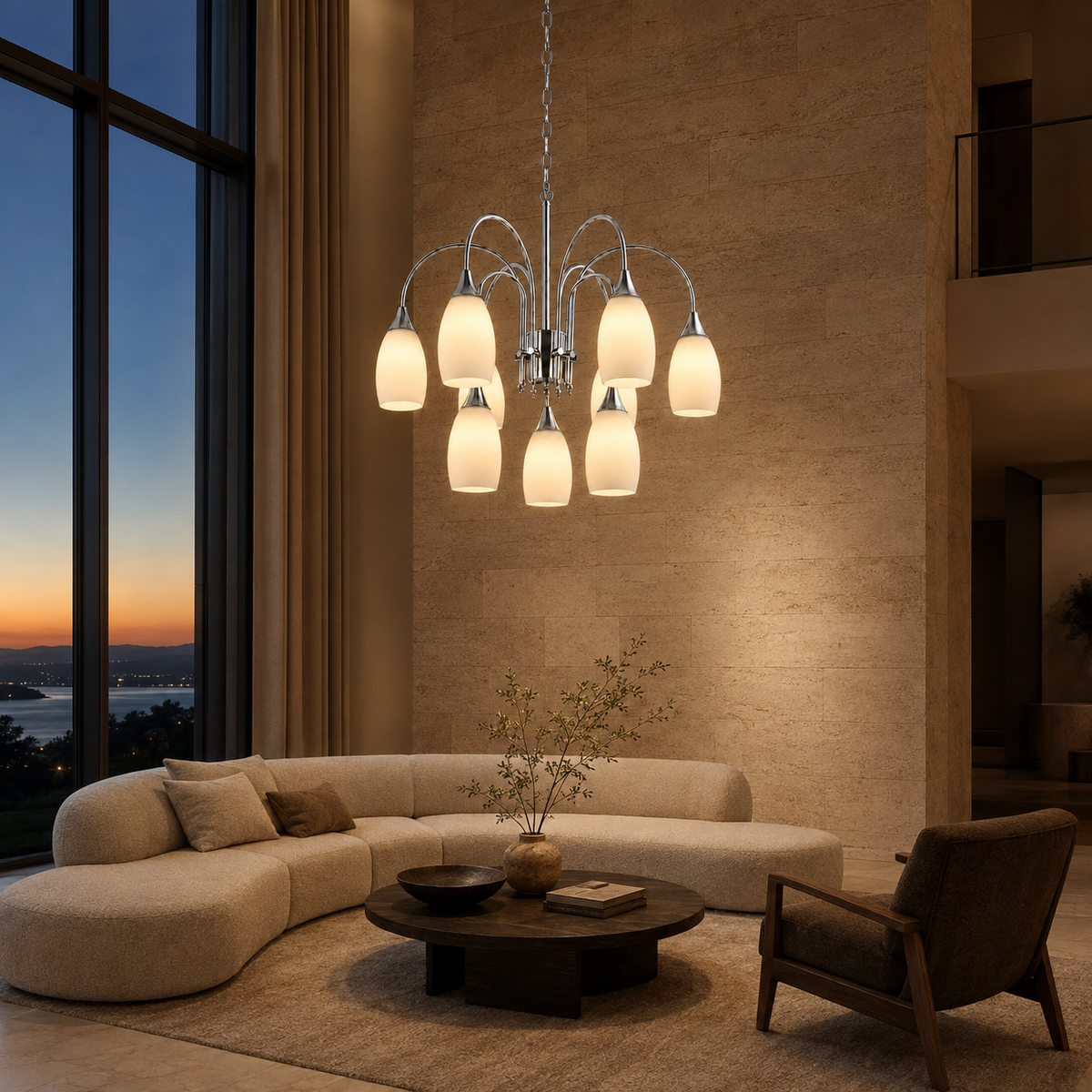 Elegant 9-Light Chrome Chandelier with Frosted Glass Shades