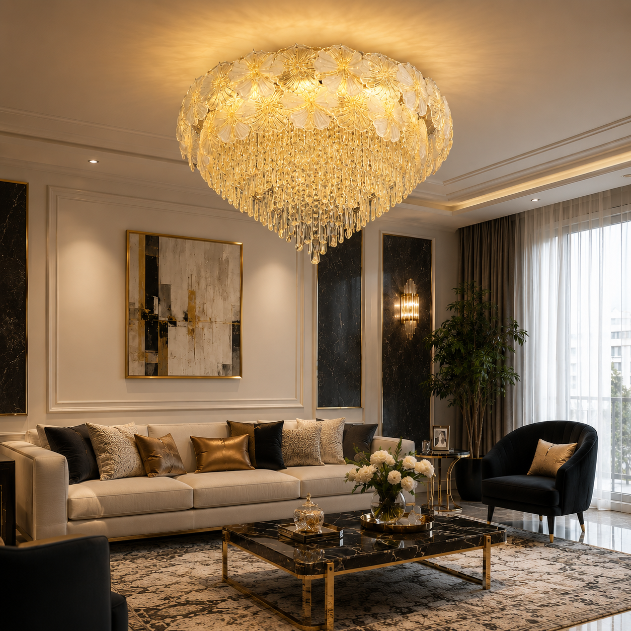 Celestia Cascade Crystal Flush Mount Chandelier