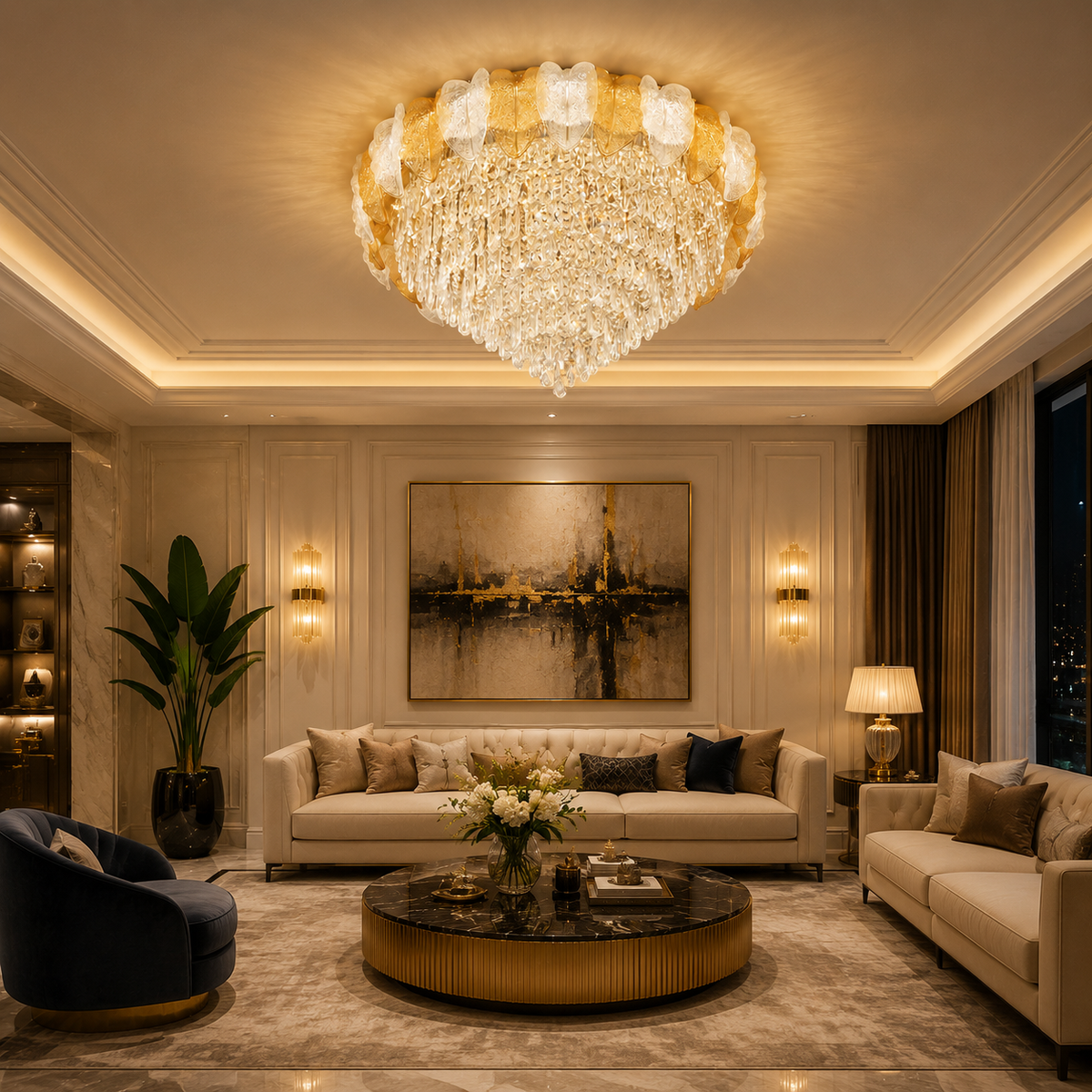 Opaline Cascade Crystal Flush Mount Chandelier