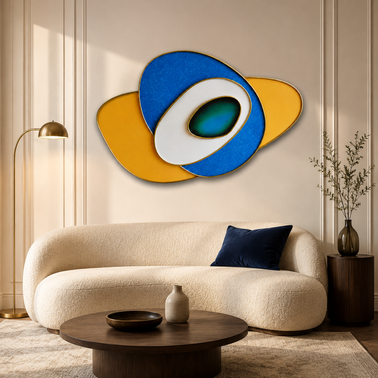Celestial Orbit Wall Art – Blue, Gold & White Abstract Geometric Panel