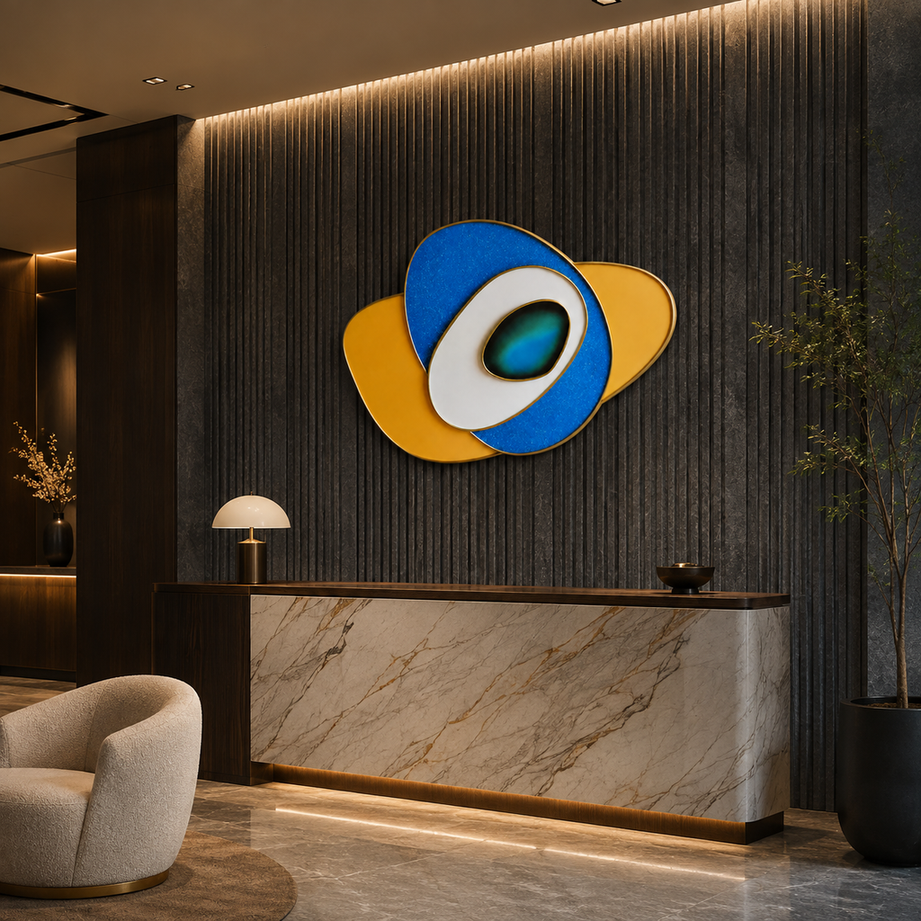 Celestial Orbit Wall Art – Blue, Gold & White Abstract Geometric Panel