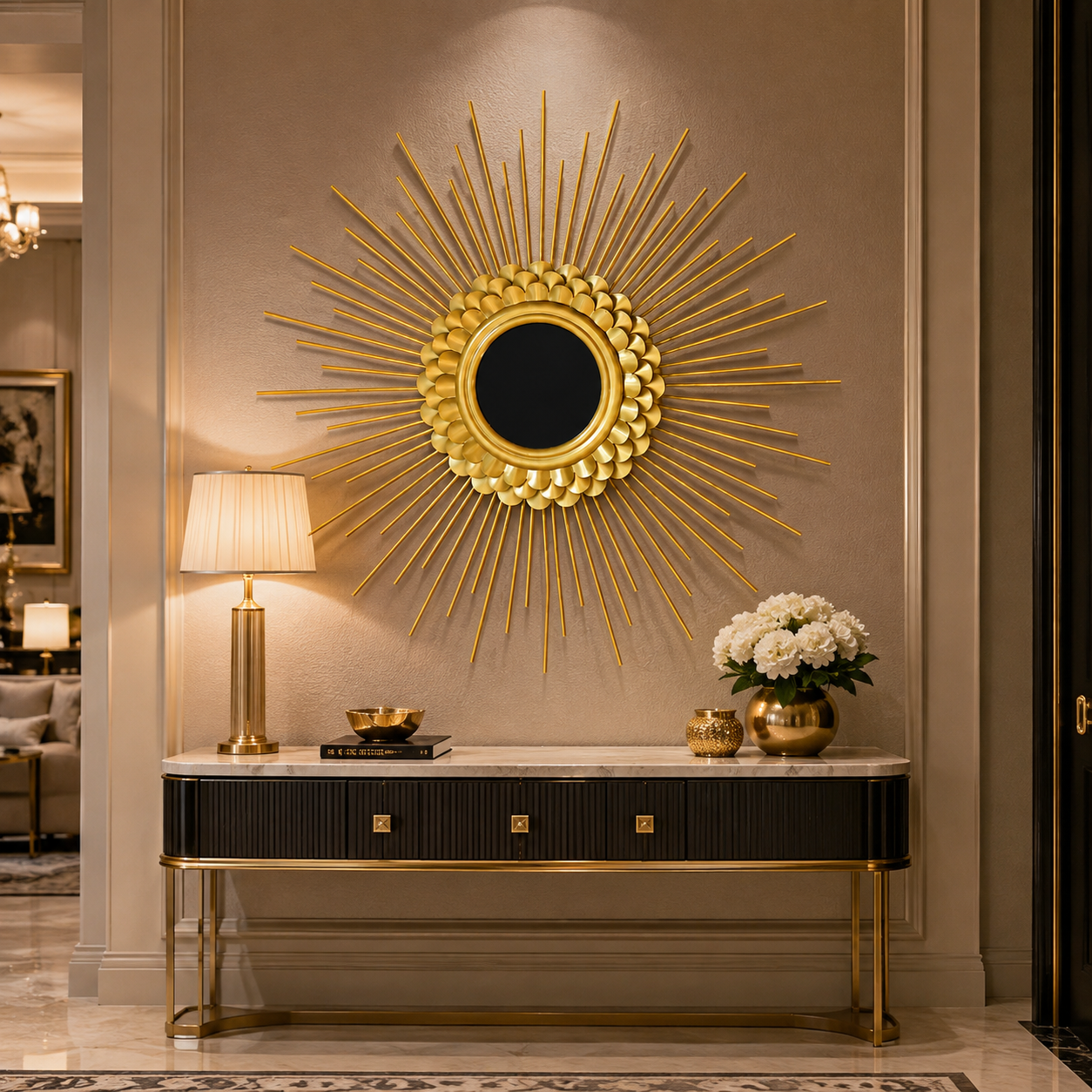 Gold Sunburst Wall Mirror – Decorative Round Metal Accent Mirror