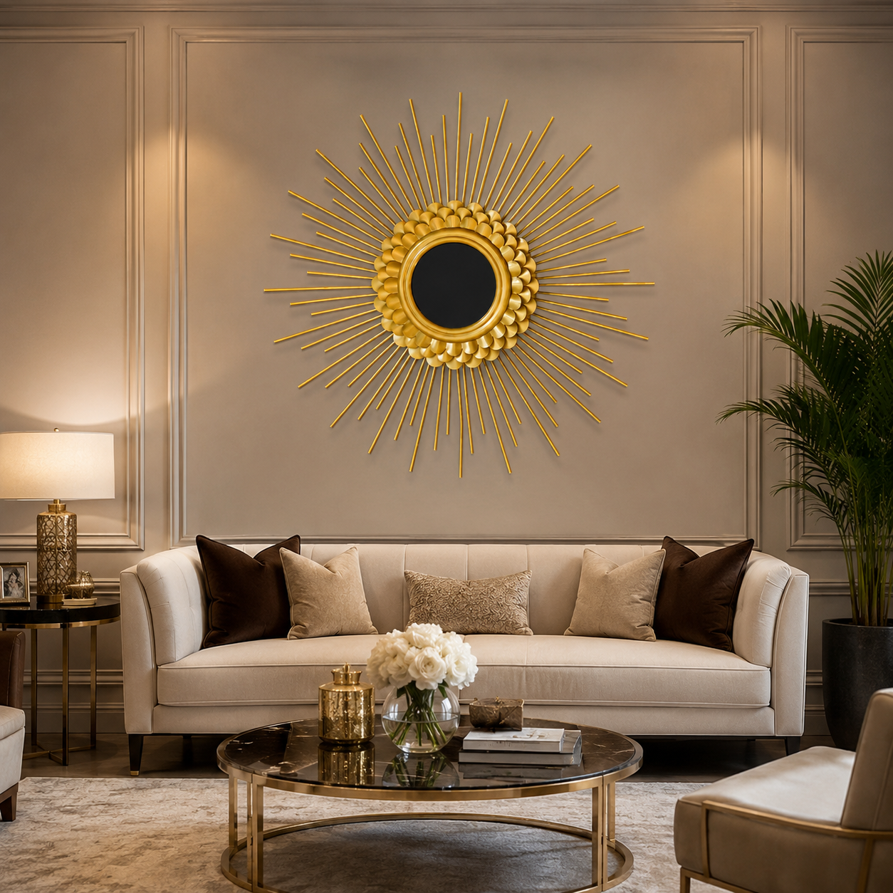 Gold Sunburst Wall Mirror – Decorative Round Metal Accent Mirror