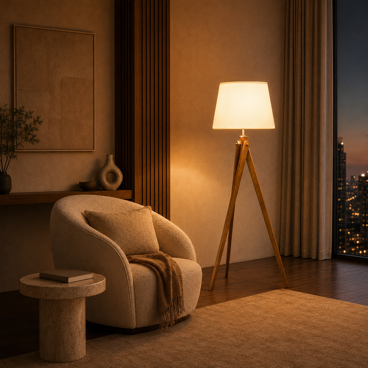 Modern Wooden Tripod Floor Lamp with Fabric Shade