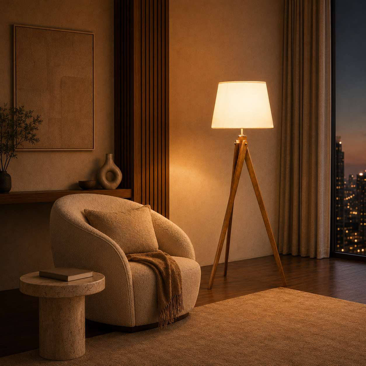 Modern Wooden Tripod Floor Lamp with Fabric Shade