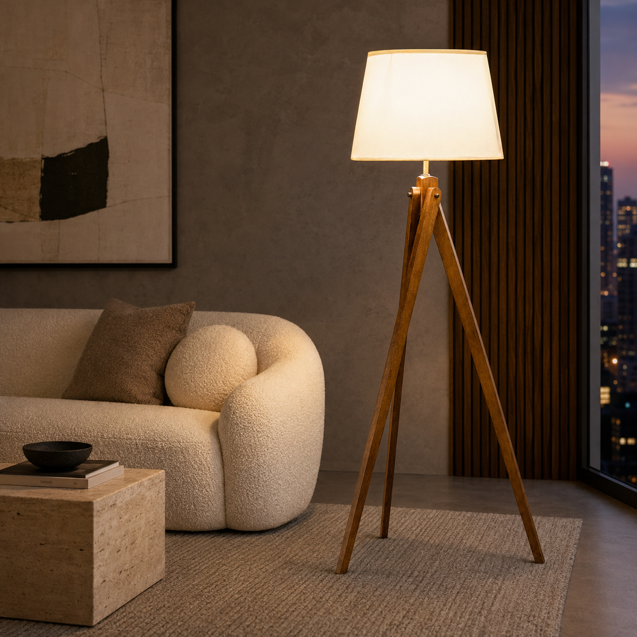 Modern Wooden Tripod Floor Lamp with Fabric Shade