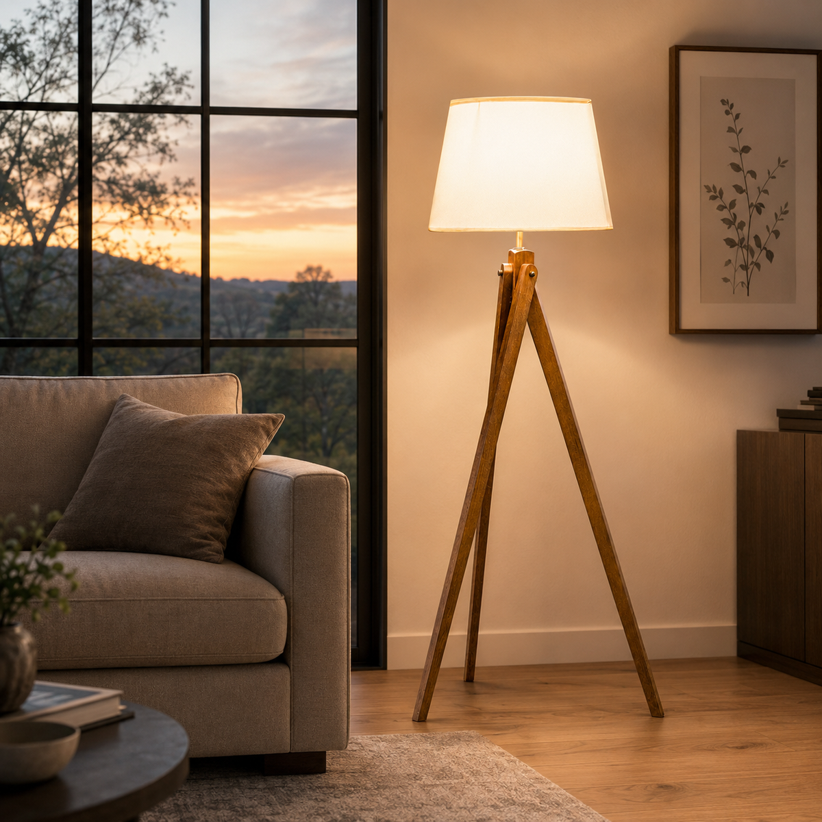 Modern Wooden Tripod Floor Lamp with Fabric Shade