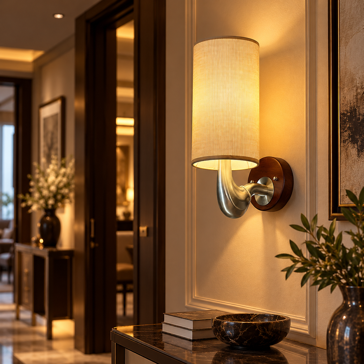 Aureon Wood & Brass Fabric Wall Sconce