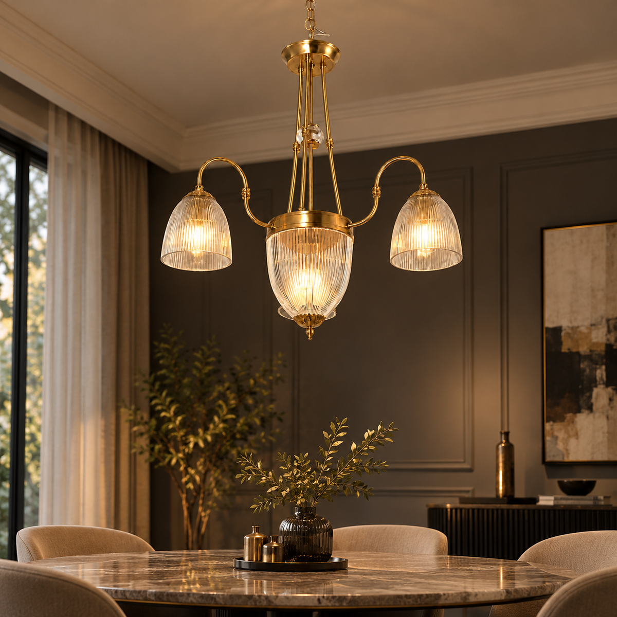 Vintage Brass 3-Light Ribbed Glass Chandelier