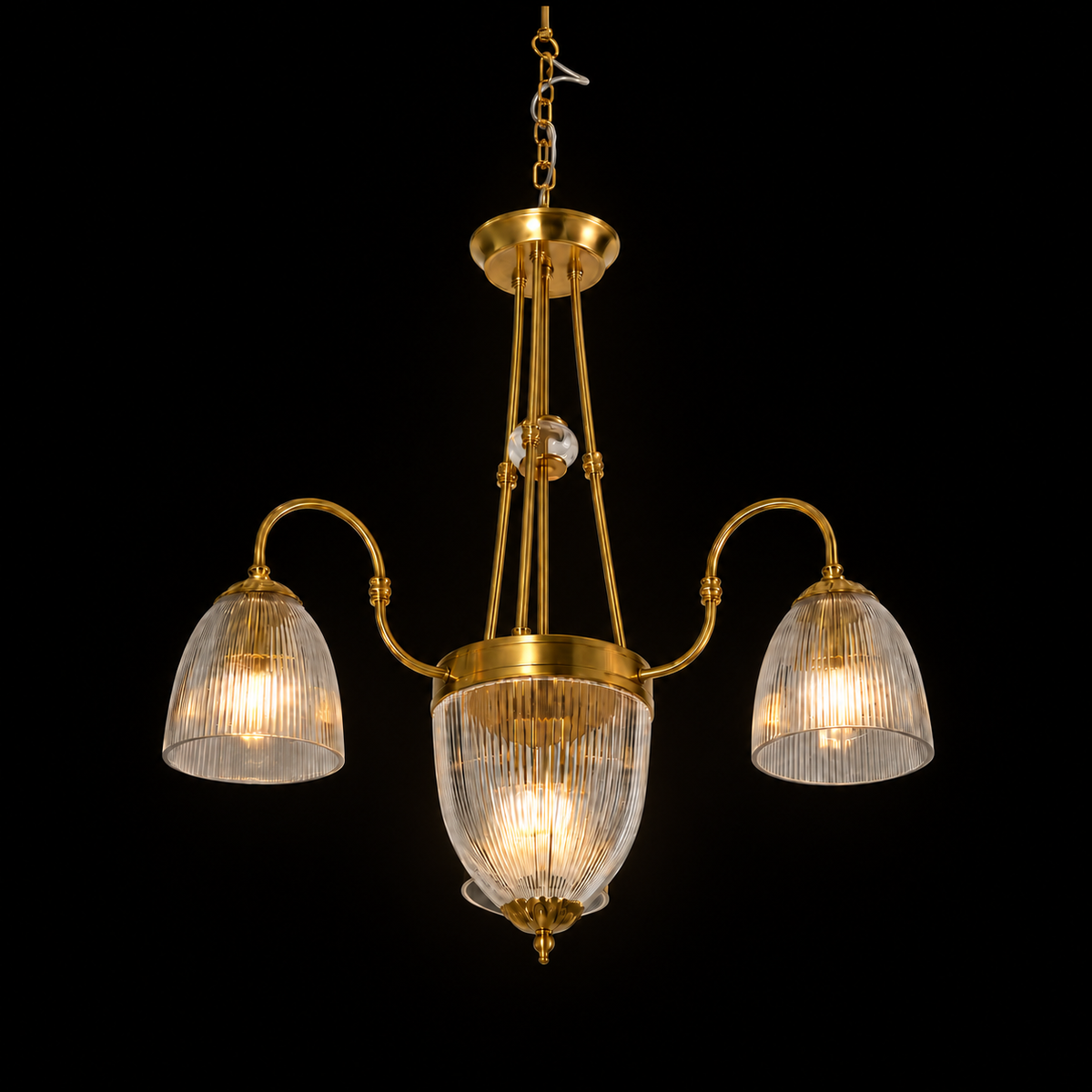 Vintage Brass 3-Light Ribbed Glass Chandelier