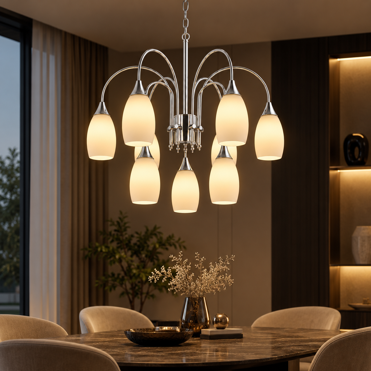 Elegant 9-Light Chrome Chandelier with Frosted Glass Shades