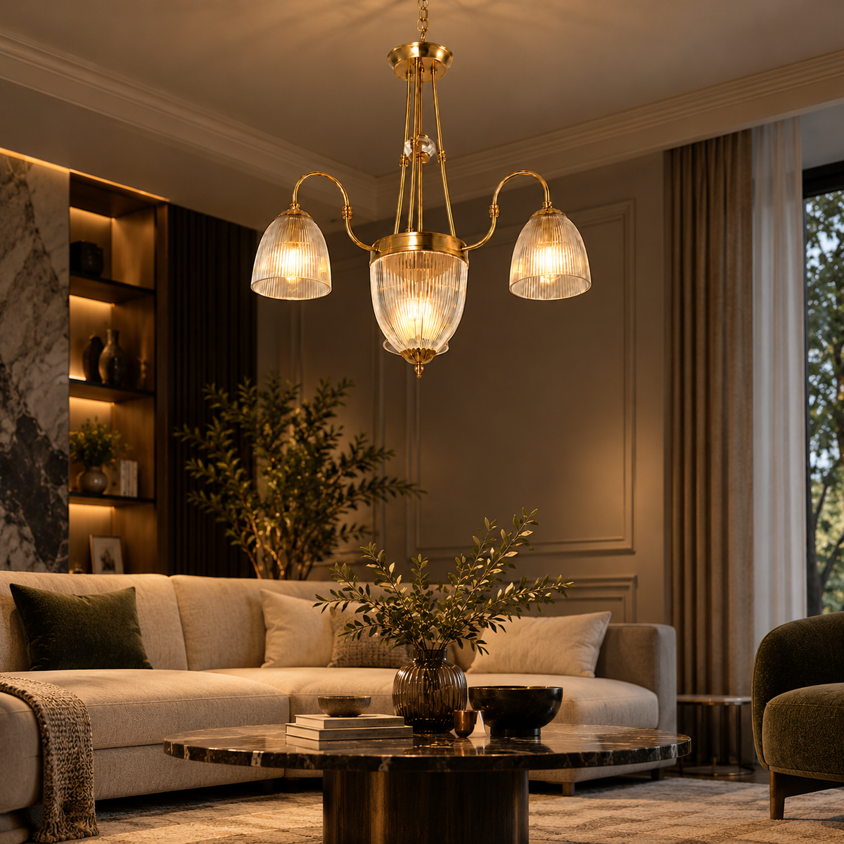Vintage Brass 3-Light Ribbed Glass Chandelier