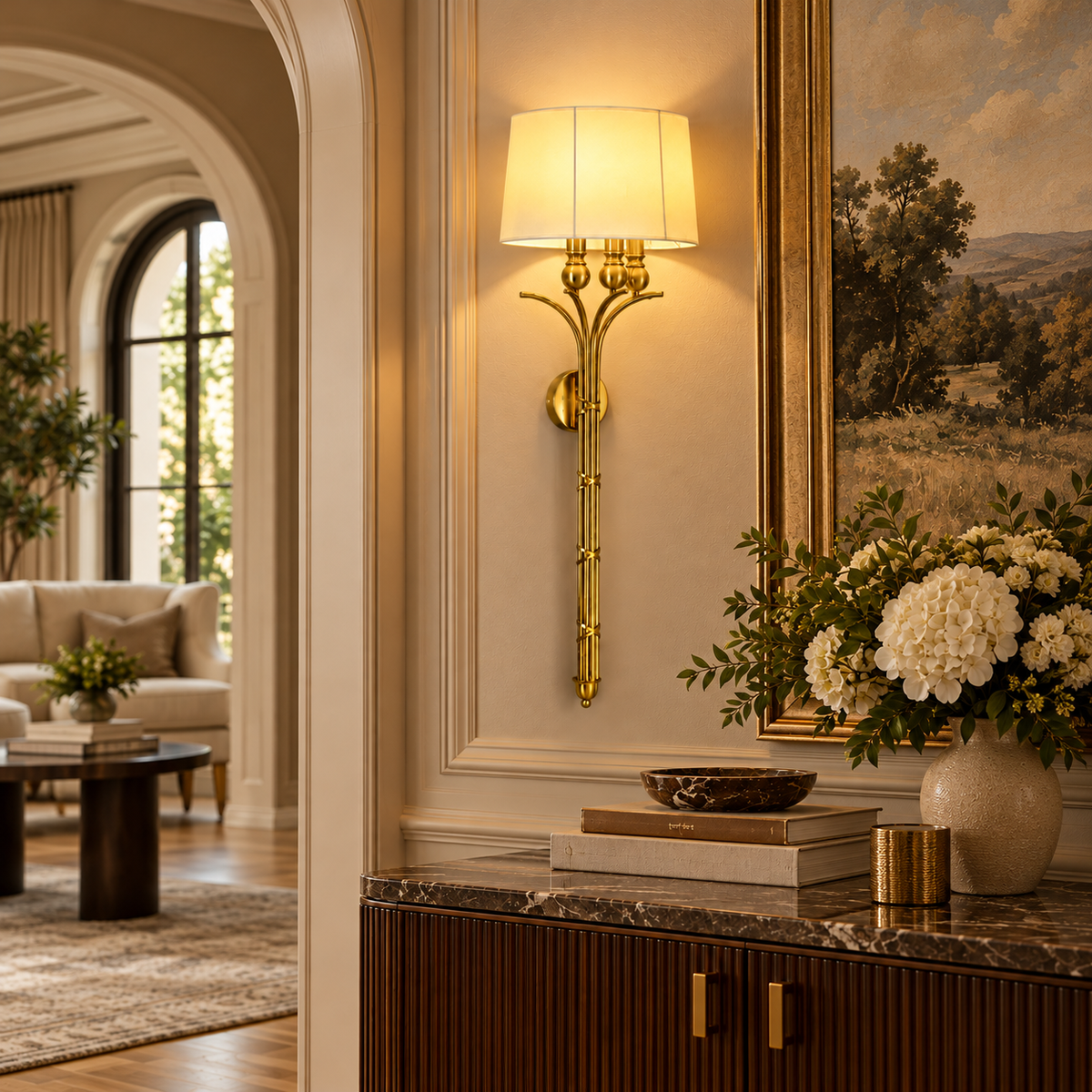 Aurelia Classic Gold Wall Light with Fabric Shade