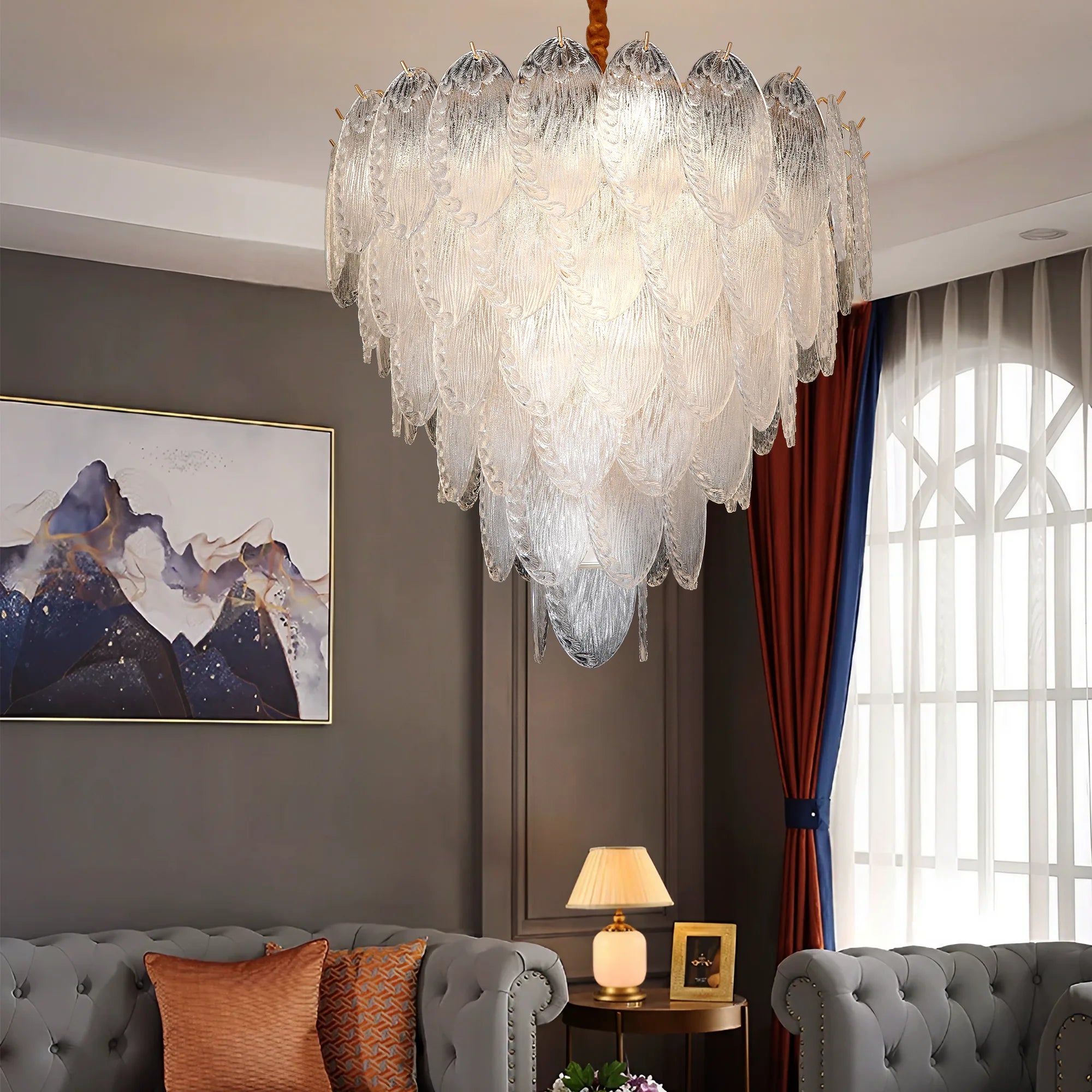 Whispering Leaf Motif Glass Chandelier