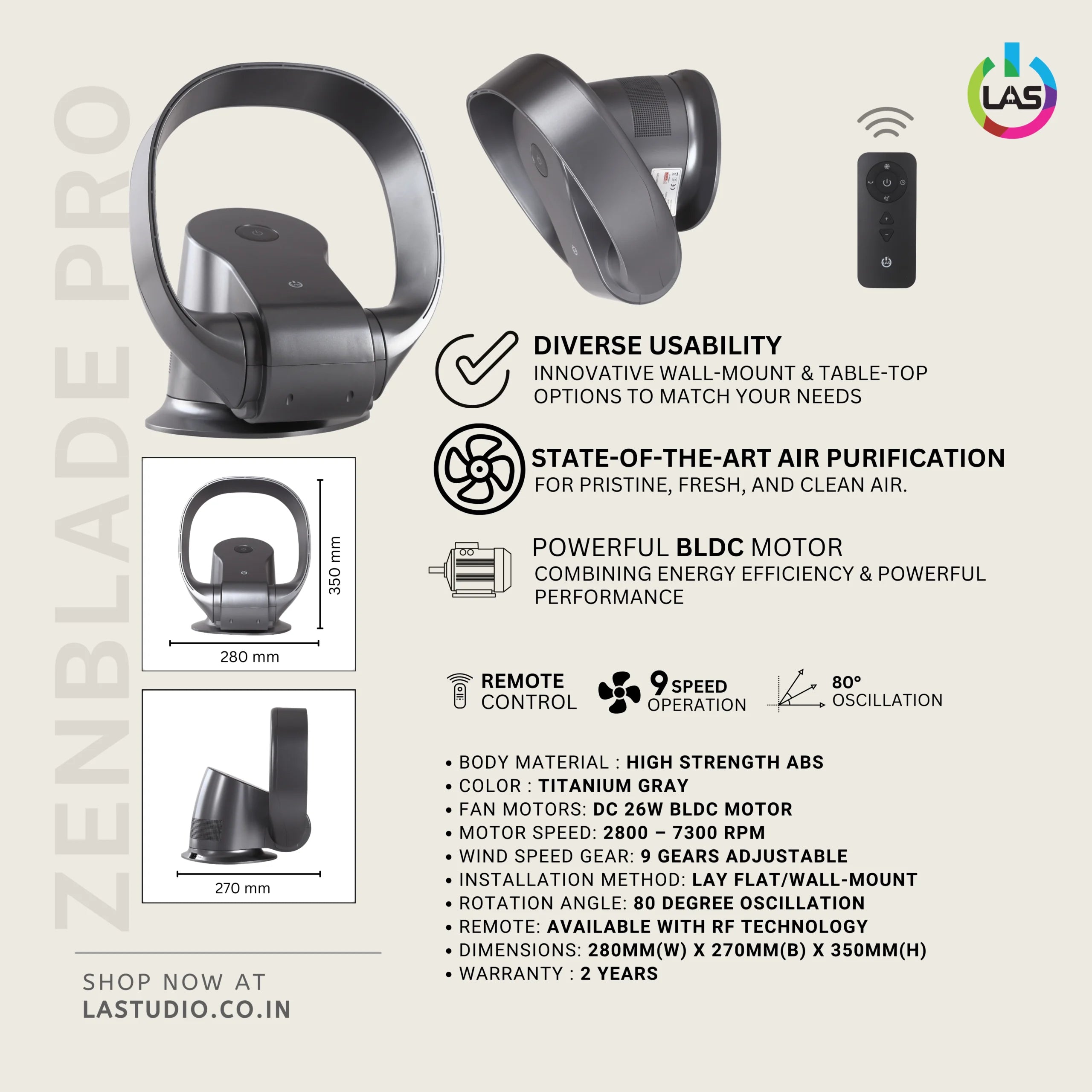 Zenblade Pro (Black) | 26W BLDC Motor | High Strength ABS Body
