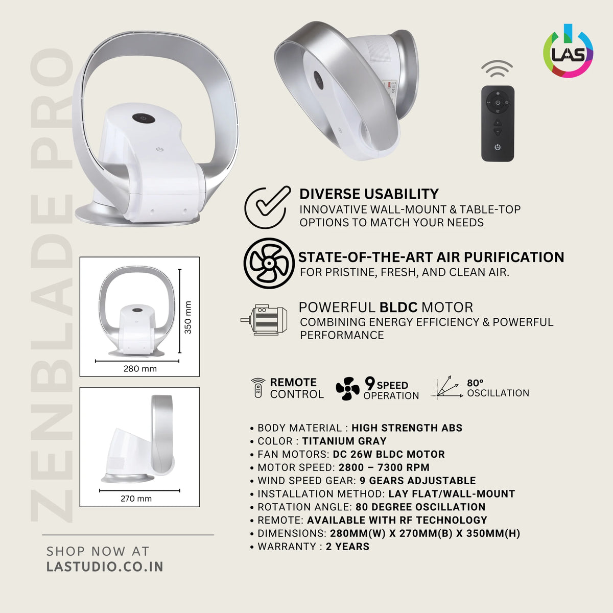Zenblade Pro (white) | 26W BLDC Motor | High Strength ABS Body