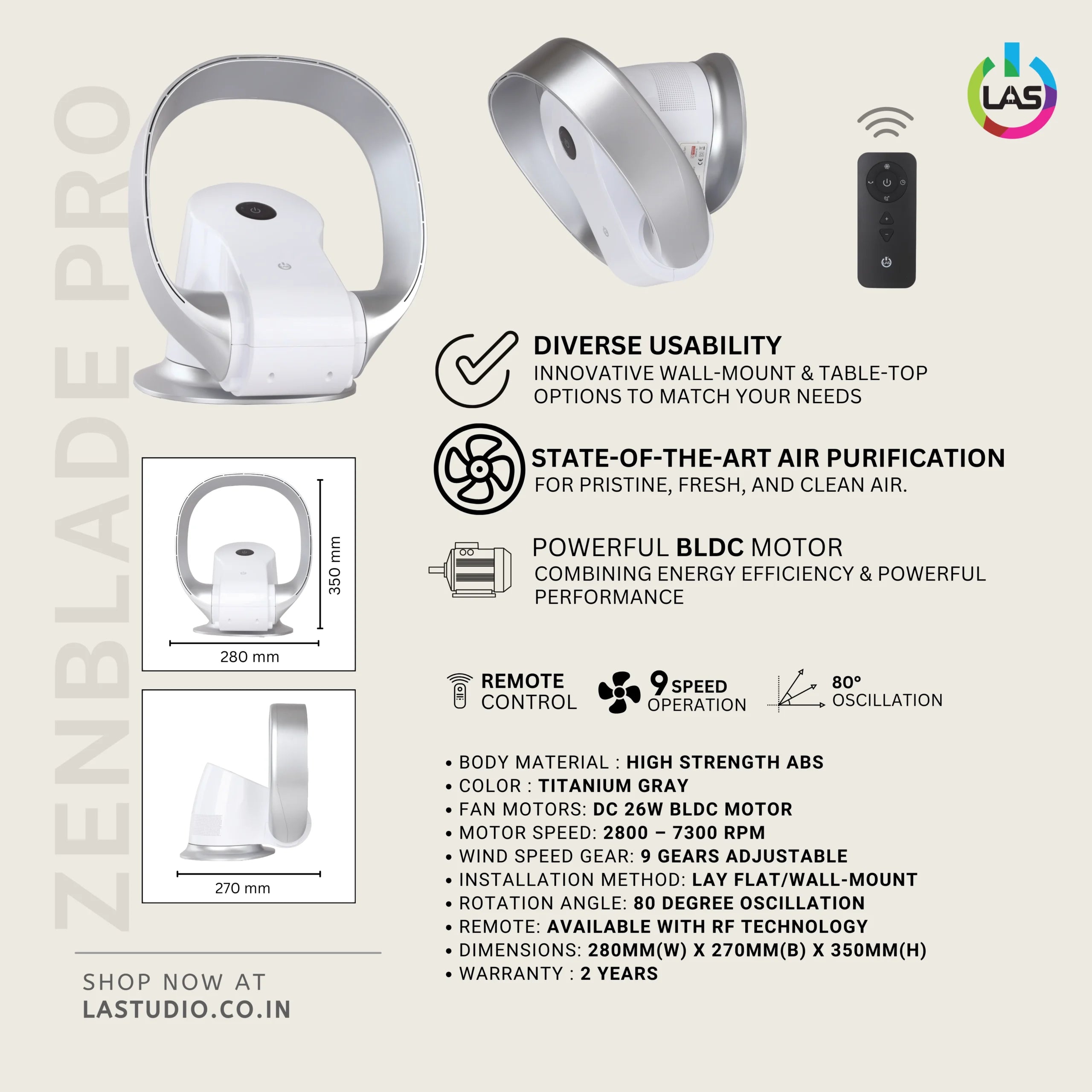 Zenblade Pro (white) | 26W BLDC Motor | High Strength ABS Body