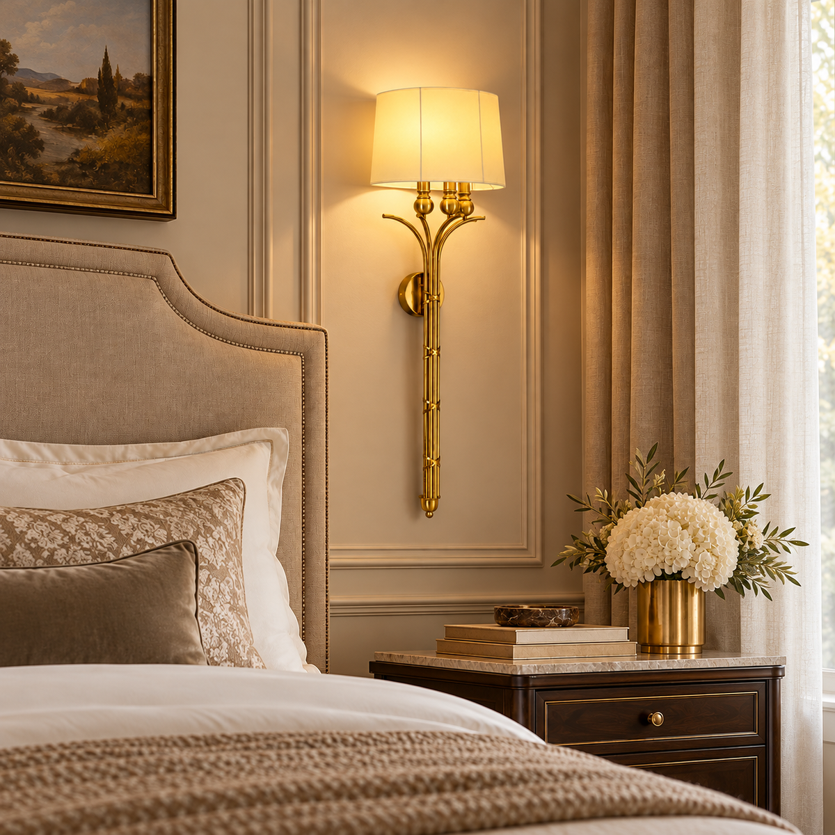 Aurelia Classic Gold Wall Light with Fabric Shade