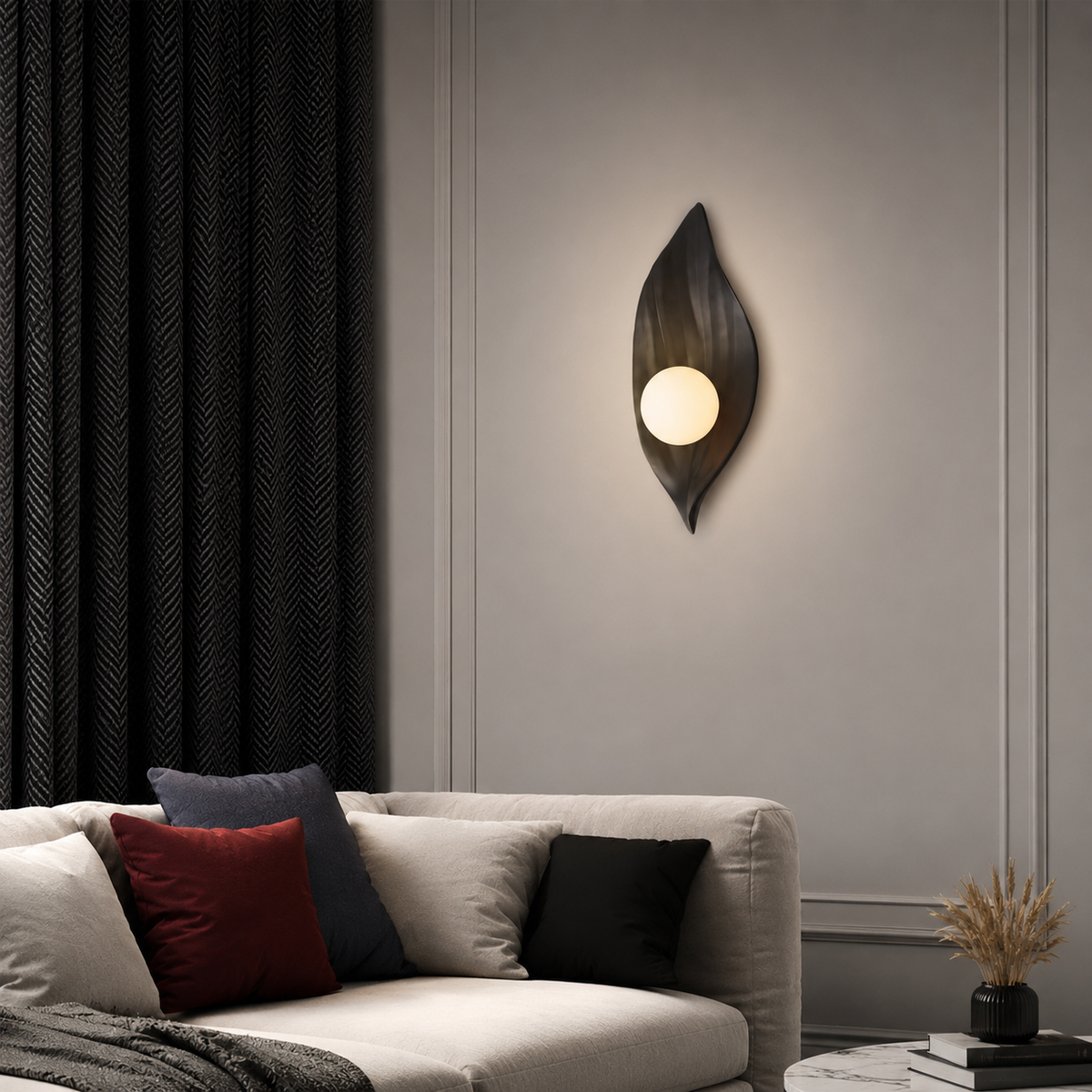 Raven's Glow - Black Leaf Wall Sconce with Orb Light