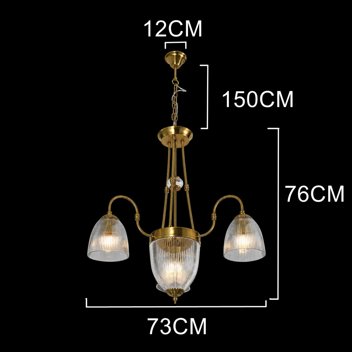 Vintage Brass 3-Light Ribbed Glass Chandelier