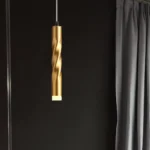 Modern gold twisted pendant light, brass finish, cylindrical hanging lamp.