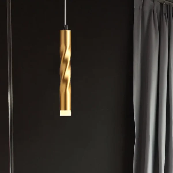 Modern gold twisted pendant light, brass finish, cylindrical hanging lamp.