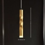 Modern gold twisted pendant light, brass finish, cylindrical hanging lamp.