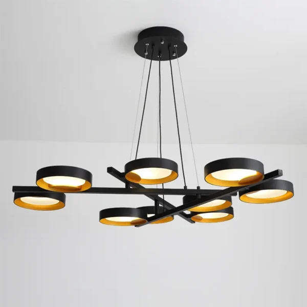 High-end geometric black and brass chandelier, luxury modern dining room light.