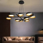 High-end geometric black and brass chandelier, luxury modern dining room light.