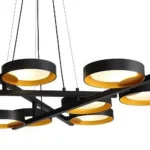 High-end geometric black and brass chandelier, luxury modern dining room light.