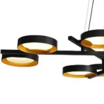 High-end geometric black and brass chandelier, luxury modern dining room light.