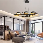 High-end geometric black and brass chandelier, luxury modern dining room light.