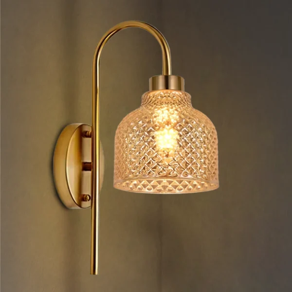 Aurora Lyra Glimmer Golden Finish Wall Lamp with a sleek golden finish and a bell-shaped, diamond-cut glass diffuser.