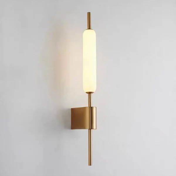Modern LED wall sconce, minimalist long bar light, brushed brass wall lamp, contemporary corridor lighting, vertical frosted glass fixture