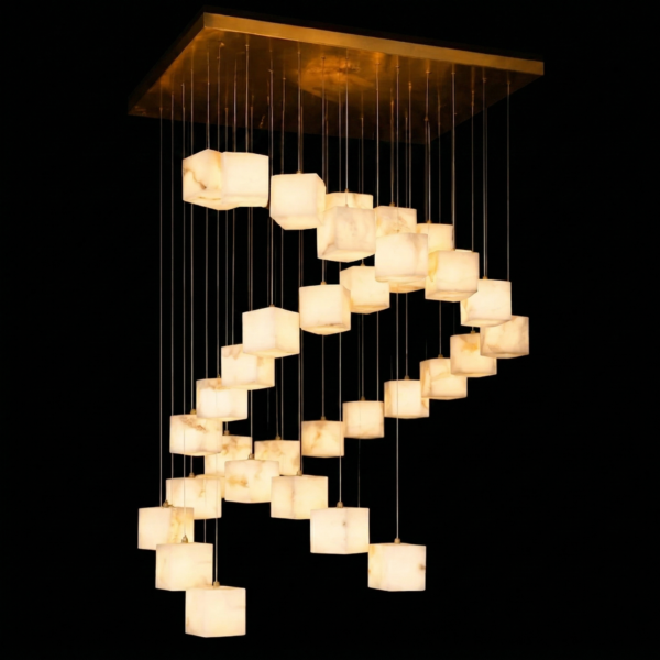 Elegant Marble 36 Cube Cluster Chandelier for Duplex Staircase